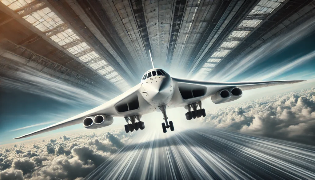 DALL·E 2024 11 15 22.14.04 A powerful and sleek Tu 160 White Swan bomber aircraft soaring in the sky at supersonic speed. The aircraft is large with a white streamlined body an